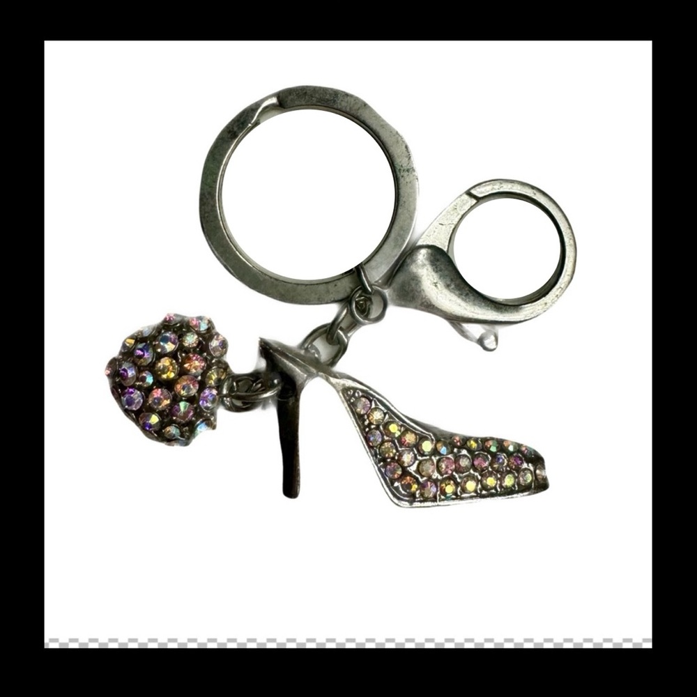 Silver High Heel & Heart Keychain CHARM Rhinestone clip